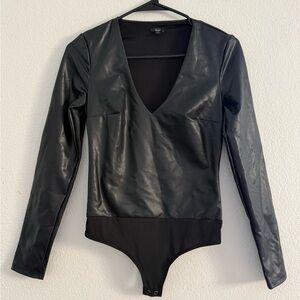 Express Body Contour Black Faux Leather Bodysuit- XS